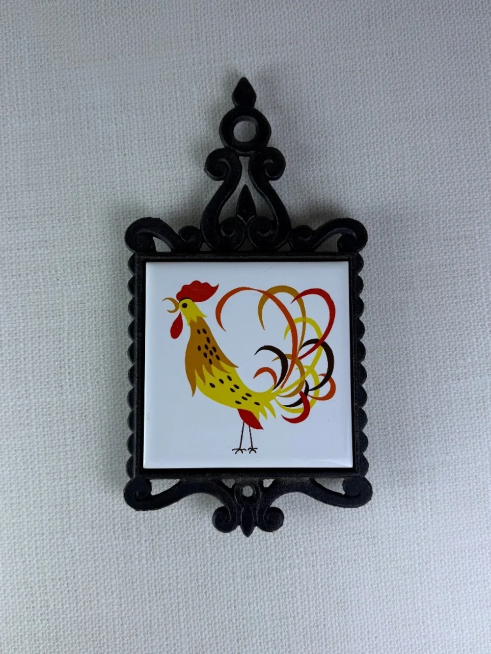 Vintage Cherry Japan Cast Iron Trivet – Rooster Ceramic Tile | Wall Hanging - Picture 2 of 9